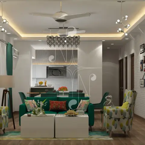 Open-plan render looking past a teal three-seater and lemon-print wing chairs to a dining counter and white kitchen beyond
