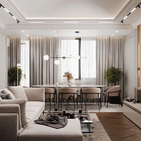 Open-plan render showing a beige sectional living zone and an oval dining table under a globe-cluster pendant