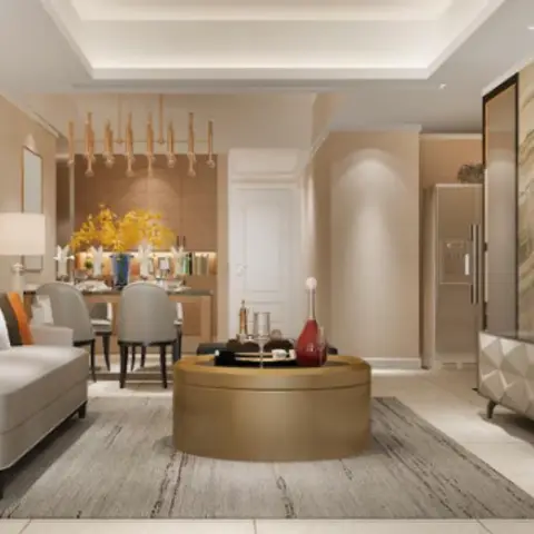 Open-plan render showing a beige living area with a round gold coffee table, a dining nook with a sunburst mirror, and a stone-clad TV wall beyond.