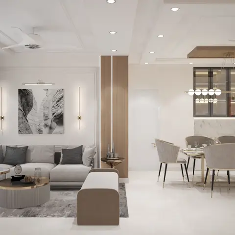 Open-plan render showing a grey sofa living zone beside a marble-backed crockery unit and dining table under a bubble chandelier.