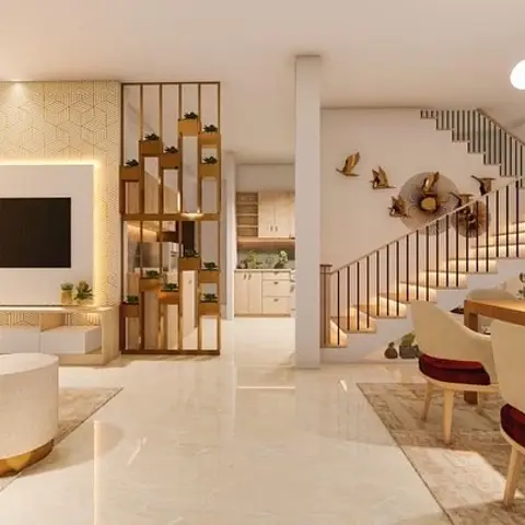 Open-plan render showing a living zone with a backlit geometric TV-unit wall and round poufs flowing into a dining table and a glimpse of the kitchen
