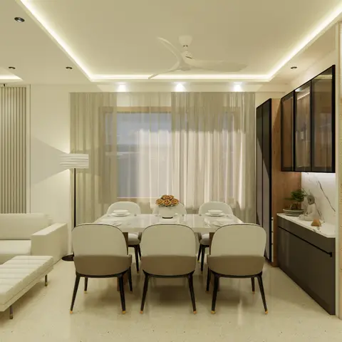 Open-plan render showing a living area with circular fluted panelling and an adjoining six-seat dining table beside a fluted partition wall