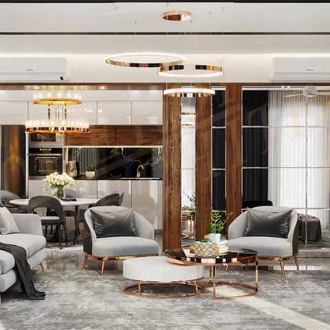 Open-plan render showing a living seating area with round nested coffee tables, a dining table and a built-in bar display unit