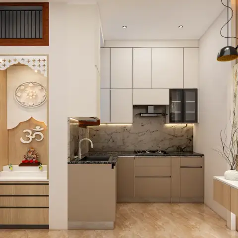 Open-plan render showing a wood-framed pooja niche beside a white-and-taupe modular kitchen with a marble backsplash, opening onto a marble-clad TV wall