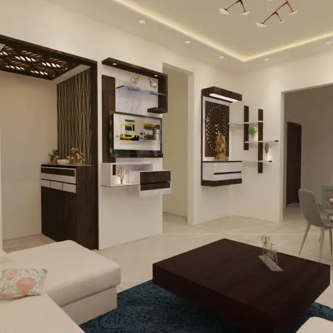 Open-plan render showing an entrance foyer with a jaali-pattern overhead partition and console on the left