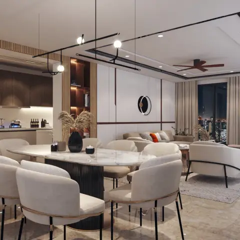 Open-plan render where an oval marble table on a fluted black drum base with eight cream-and-brass chairs sits between an oak-slatted kitchen wall and a living