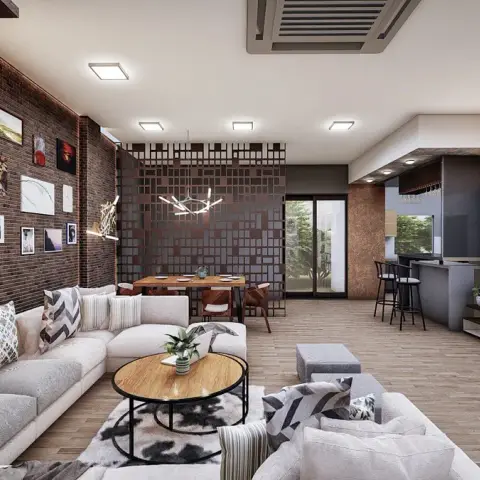 Open-plan render with a gallery of framed prints over exposed brick, a laser-cut metal screen shielding the dining table