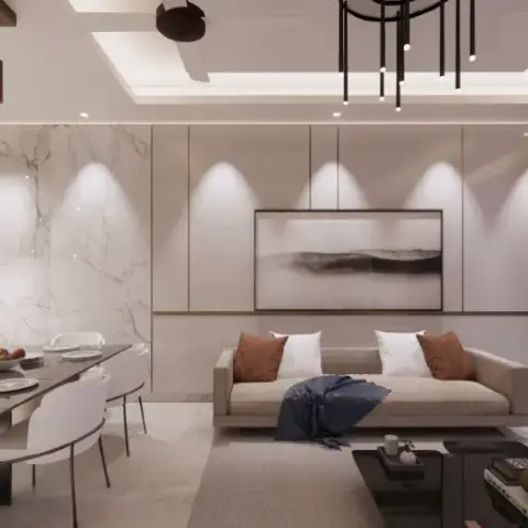 Open-plan render with a glass dining table and white cantilever chairs under a staggered cluster of walnut block pendants on one side