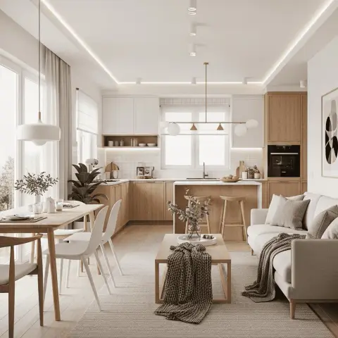 Open-plan render with a light-oak dining table, an L-shaped white-and-oak kitchen with an island