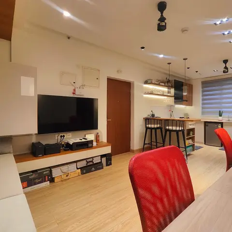 Open-plan studio apartment showing a wall-mounted TV unit and sofa in the living zone, a compact kitchen with breakfast counter