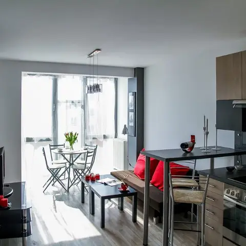 Open-plan studio showing a galley kitchen, red-accented dining nook and sofa in one continuous frame lit by a balcony door