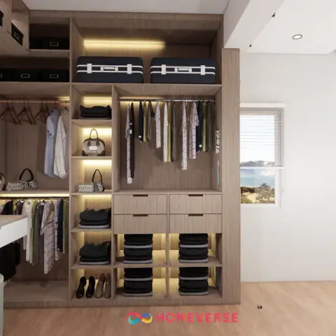 Open walk-in wardrobe render in oak laminate with LED-lit shelves, two hanging rails and stacked folded piles, a mirrored dressing ledge on the left