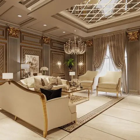 Opulent living room with gilt-trimmed wall panelling, a crystal chandelier under a mirrored skylight ceiling, cream tufted sofas and wingback chairs