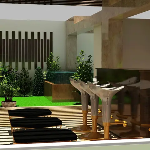 Outdoor balcony lounge with striped rattan seating, a nested black table set, and a bar counter with gold-base stools facing a small planted courtyard.