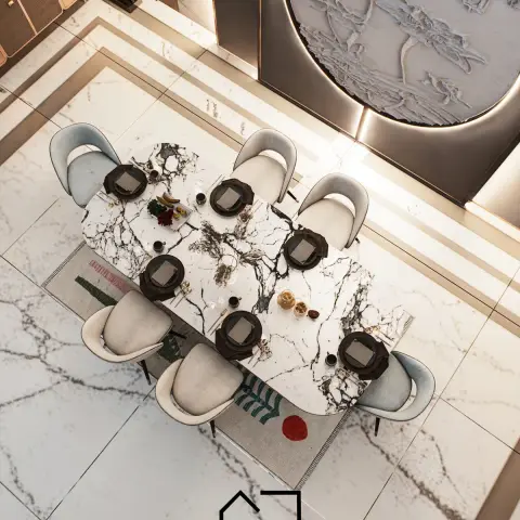 Overhead render of a dining zone — an eight-seat book-matched marble table laid for a meal on a striped rug, cream and pale-blue tub chairs