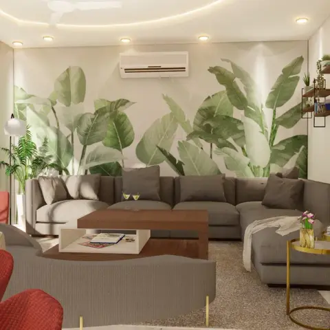 Oversized banana-leaf mural wall behind a grey L-sectional, with crimson tub chairs, a low walnut coffee table and a lit glass crockery cabinet on the right
