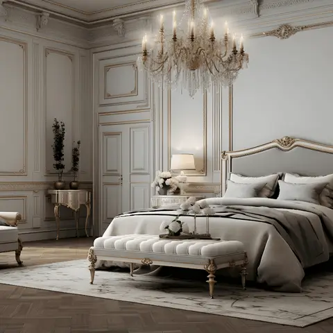 Palatial French-style bedroom with gilded wall panelling, a crystal chandelier over an upholstered bed, herringbone parquet floor and a tufted end-of-bed bench.