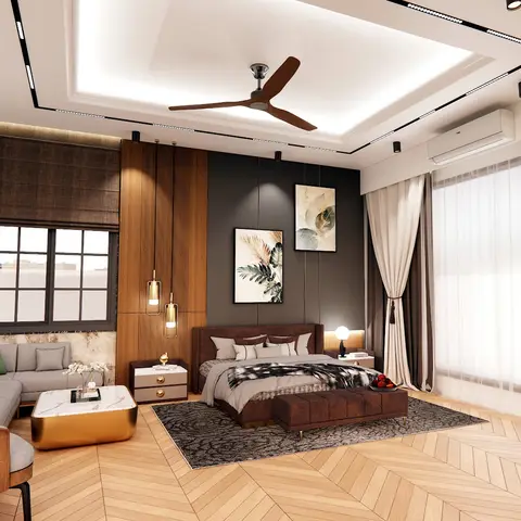 Palatial master bedroom with an attached lounge seating area, chevron wood flooring, and a fluted wood accent wall behind the bed.