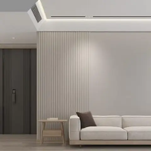 Panoramic open-plan render spanning a white kitchen with a pendant-lit dining table, an entrance with a dark front door