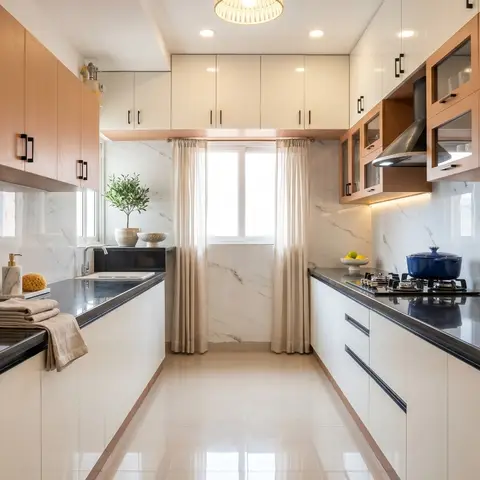 Parallel kitchen with black stone countertops, two-tone wood-and-white cabinetry, a marble slab backsplash, and a pendant light over the far window.