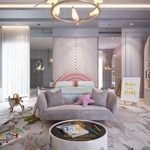 Pastel kids' room render with a pink scalloped headboard against a chevron-fluted panel flanked by mirrored strips