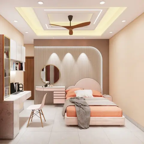 Peach girl's bedroom with a fluted-panel arched headboard wall, round vanity mirror, and a cove-lit false ceiling with a wood-blade fan.