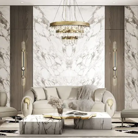 Perfectly symmetrical sitting room where a four-way book-matched white marble panel is flanked by smoked-oak veneer bays and fluted brass sconces