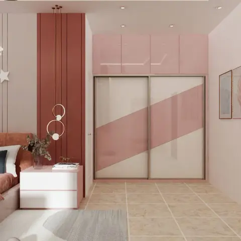 Pink kids' bedroom render — a grooved blush headboard wall with moon, star and 'Good Night' cut-outs