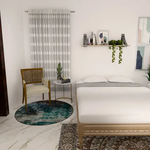 Plain white bedroom render with a light oak carved bed on a Persian-pattern rug, a cane-back armchair on a round teal rug