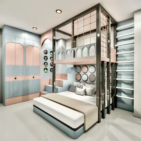 Playful kids' bedroom with a loft-style bunk bed framed in black metal, a rope climbing net, monkey-bar ladder to the side