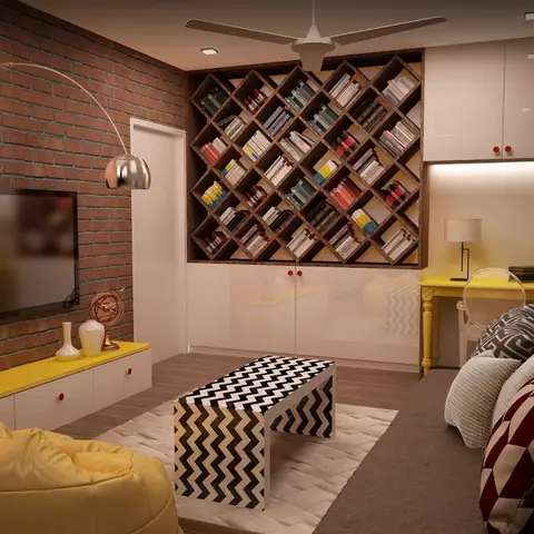 Playful media room with an exposed brick wall, diamond-lattice bookshelf, yellow high-gloss TV console and a chevron-patterned coffee table.
