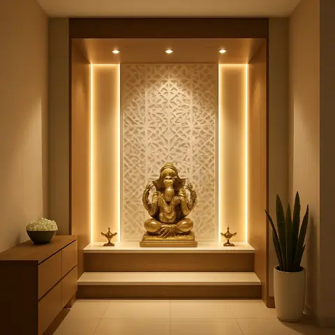Pooja niche set in a wood-veneer framed recess: a brass Ganesh on a stepped cream stone platform in front of a backlit white CNC jaali panel