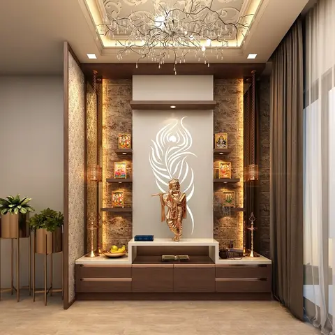 Pooja room render with a backlit peacock-feather wall panel behind a brass Krishna idol on a wood console, flanking stone-clad shelving for framed deities