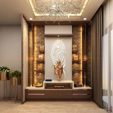 Pooja room render with a Krishna idol niche flanked by stone-textured wall panels and jaali brass hangings, an ornate chandelier