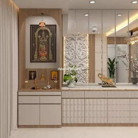 Pooja unit with an arched wood niche framing a Balaji deity picture and brass diyas