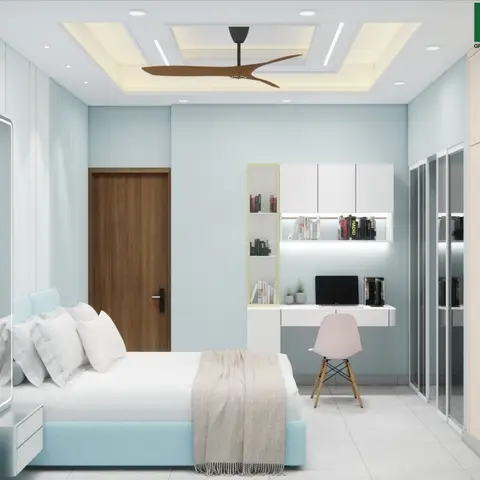 Powder-blue bedroom render under a layered POP ceiling with a wooden three-blade fan