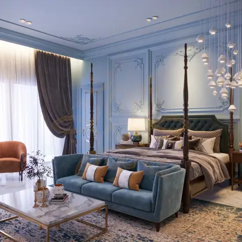 Powder-blue classical bedroom render: a dark four-poster bed with a tufted green headboard against ornate moulded panelling