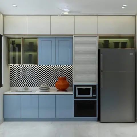 Powder-blue kitchen with a black-and-white diamond-pattern tile backsplash, glass-front display cabinets and a built-in tall refrigerator.