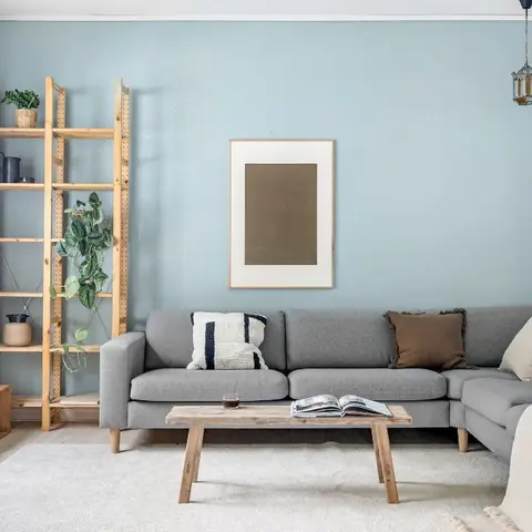 Powder-blue living room wall behind a grey L-shaped sectional, with a wooden ladder shelf styled with plants and a rustic coffee table.