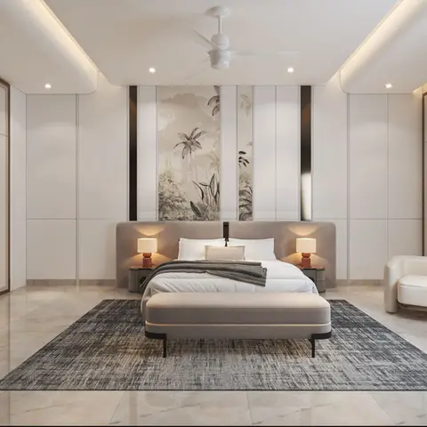 Primary bedroom render with a tropical botanical wallpaper panel behind the upholstered headboard, full-height wardrobes on both sides, a footboard bench