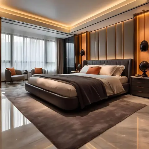 Primary bedroom with a backlit fluted panel headboard wall, warm cove-lit ceiling, a channel-tufted grey bed with burnt-orange accent pillows