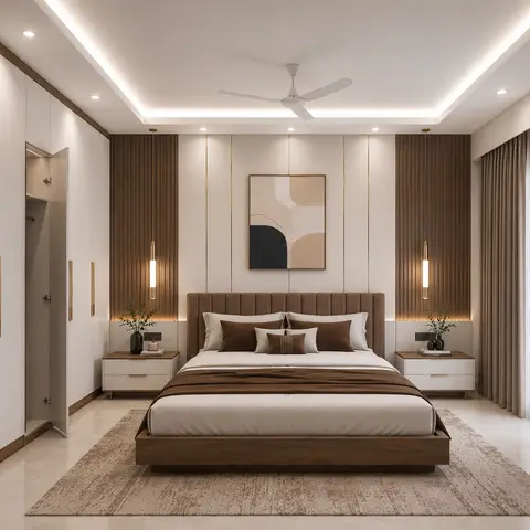 Primary bedroom with a channel-tufted brown upholstered headboard, fluted wood accent panels with brass-trimmed pendant lights