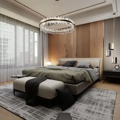 Primary bedroom with a fluted oak panel headboard wall, a circular crystal ring chandelier, olive bedding, and a cream bench at the foot of the bed.