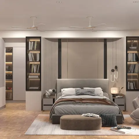 Primary bedroom with a fluted wall panel with gold inlay strips behind an upholstered bed, twin lit bookshelf niches flanking the headboard wall