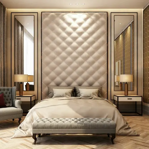 Primary bedroom with a full-height diamond-tufted leather headboard wall flanked by tall mirrors and matching nightstands with table lamps
