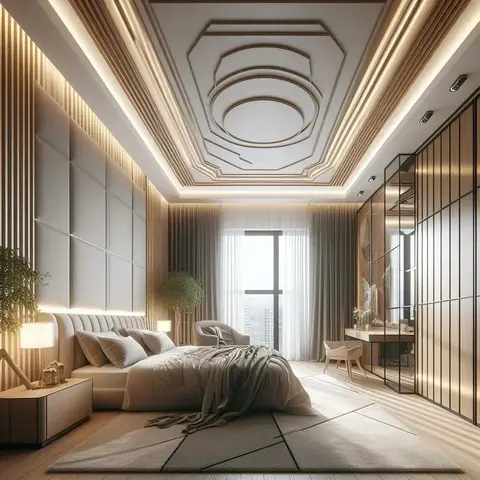 Primary bedroom with an ornate concentric-ring POP ceiling medallion, channel-tufted grey wall panelling behind the bed