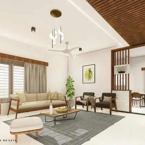 Proposal render of a teak-framed living room: low cushioned sofa and two dark armchairs on a grey durrie, wooden pelmets over sheer curtains