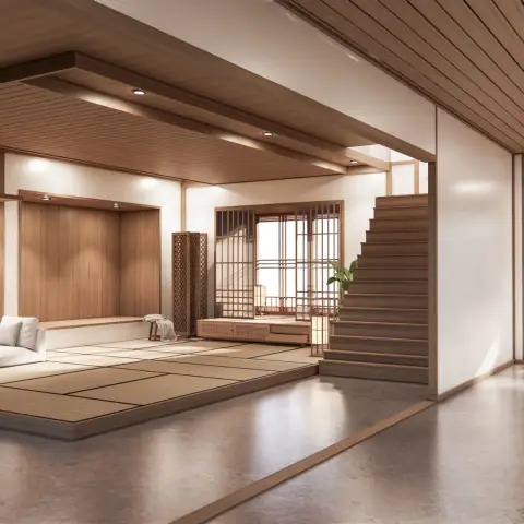 Raised tatami sitting platform with a wood-lined alcove and a low white sofa, shoji lattice screens opening onto daylight