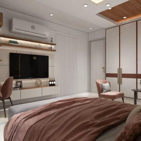Render — a bedroom with a quilted diamond-pattern wardrobe trimmed in rust leather, a TV wall with open display shelving