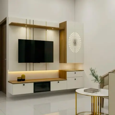 Render — a floating TV unit in white and wood with slim brass inlay lines and backlit cove lighting, beside a gold-framed marble side table.